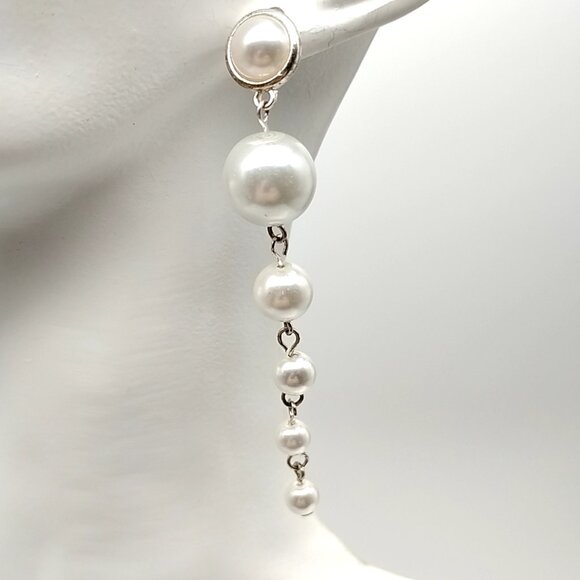 Long Faux Pearl Drop Dangle Earrings Silver Tone Chain Statement - Picture 10 of 11